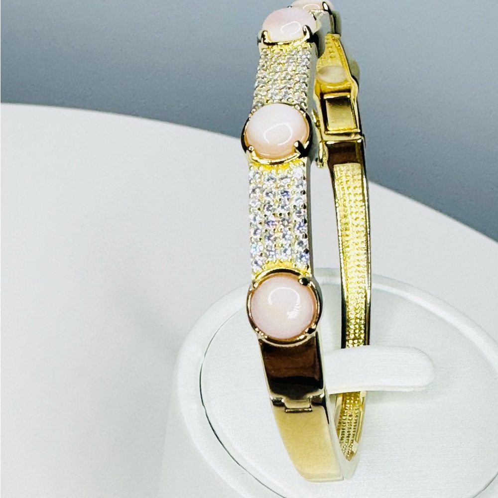 Pink Moonstone 18K Gold Sterling Silver Bangle Bracelet - Picture 5 of 7